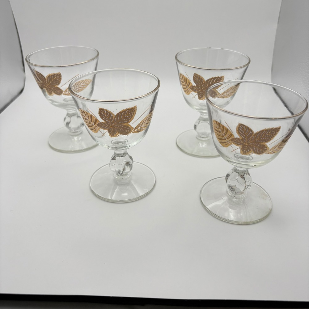 Libbey 4" Cordial Glasses Clear Gold Leaf Mid Century Modern Set of 4